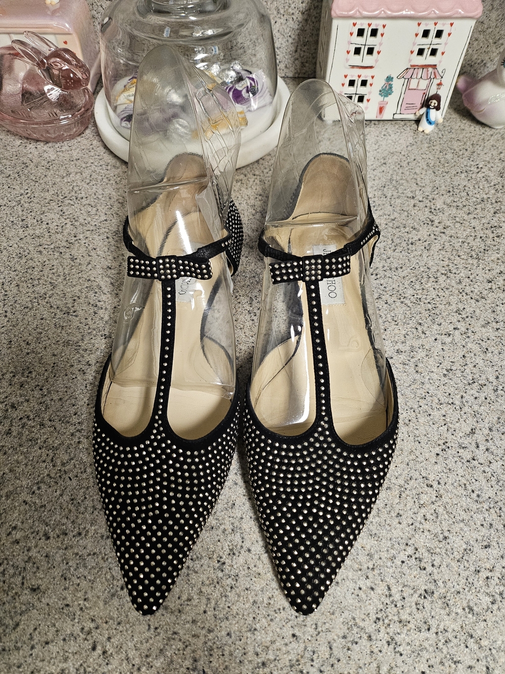 Jimmy Choo Black Studded T‑Strap Pointed Flats
